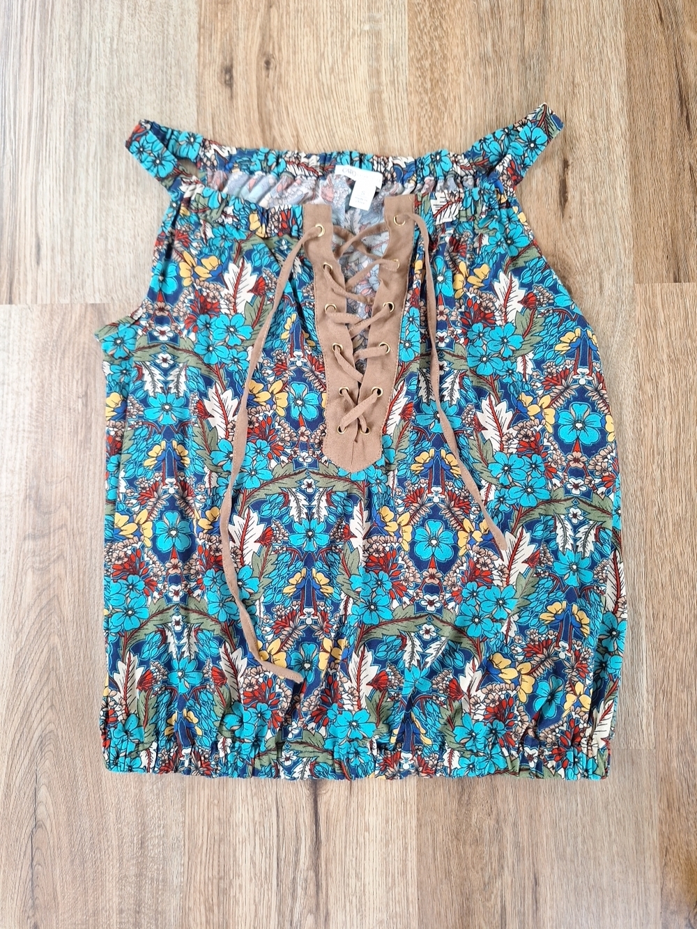 Boho Lace-Up Floral Off-Shoulder Top in Teal